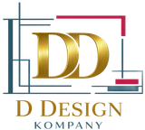 Gold “DD” logo with blue and pink geometric lines, labeled “D Design Kompany” underneath