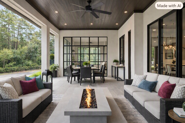 Modern covered patio with sofas, dining table, and a long linear fire pit, overlooking a green yard