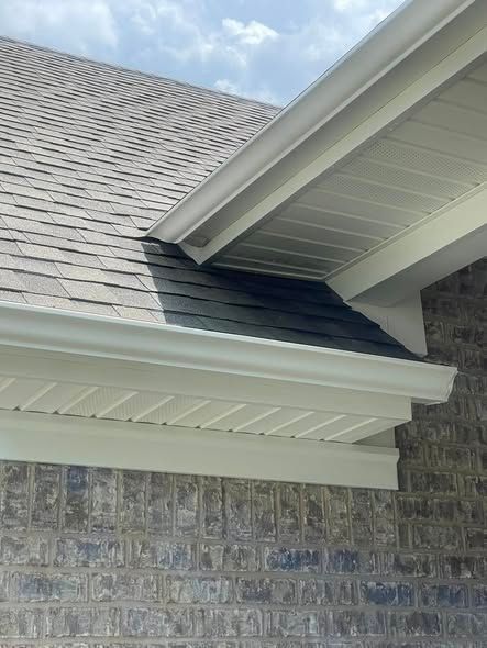 Close-up of a house roof eave with gray shingles, white trim, and a brick wall under a cloudy sky