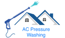 AC Pressure Washing logo with blue roof outlines and a pressure washer spray wand