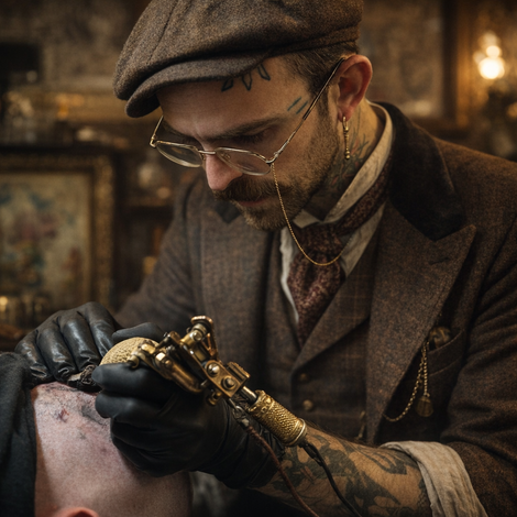Tattoo artist in glasses and cap, using a gold tattoo machine on a client’s skin