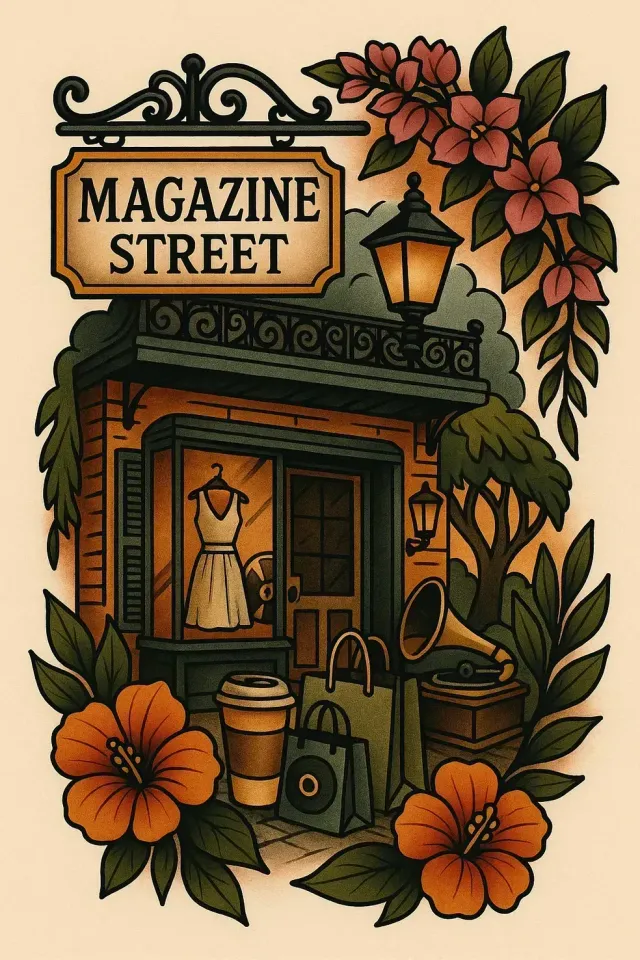 Vintage storefront illustration with “Magazine Street” sign, warm flowers, and mannequins in the window