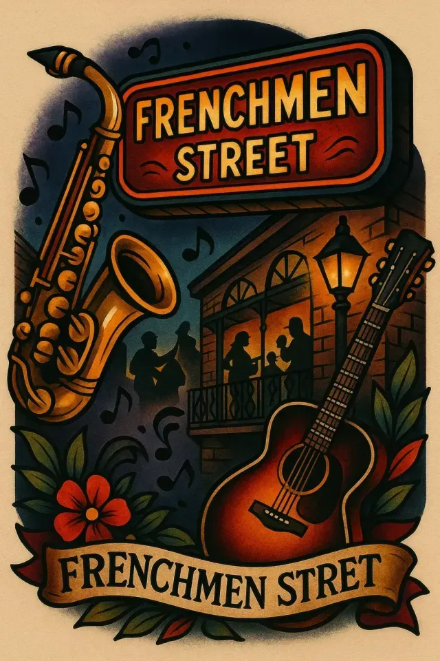 Frenchmen Street sign with saxophone, trumpet, guitar, and jazz club scene in warm orange and black colors