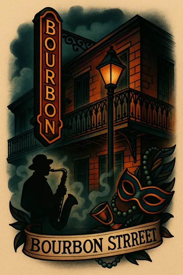 Bourbon Street sign and lantern-lit balcony in moody orange and black, with a silhouetted figure and mask below