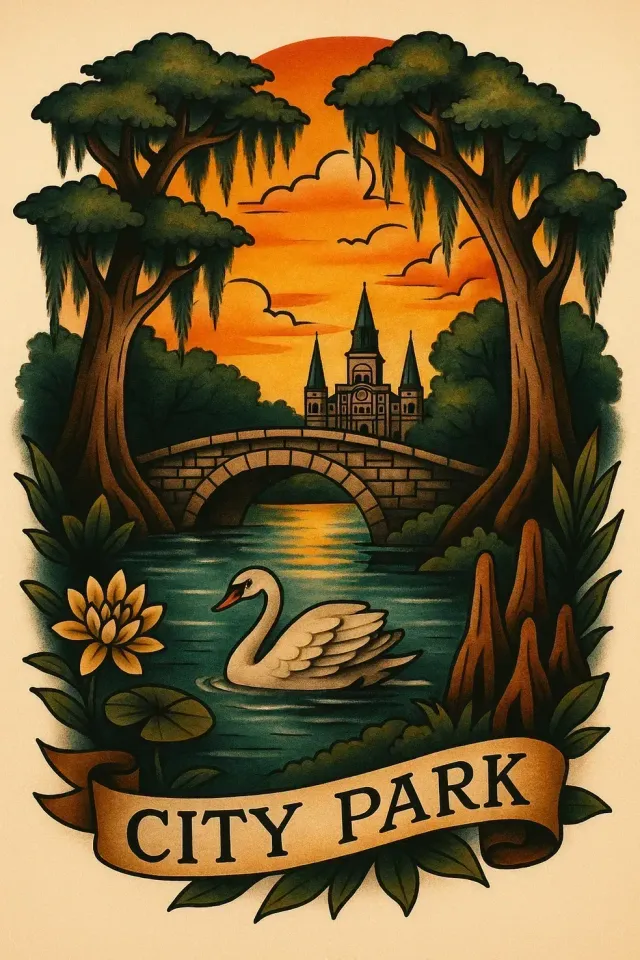 City Park sign with swan on a pond, bridge, trees, and sunset skyline in warm orange tones