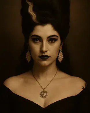 Portrait of a person with dark hair, dramatic makeup, and a black off-shoulder dress against a dark background