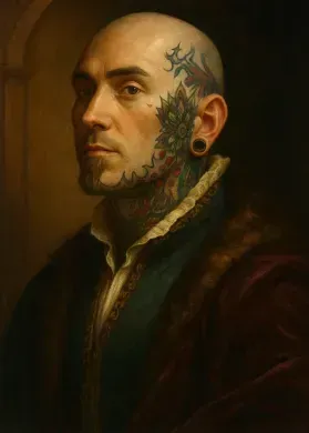 Portrait of a bald man with tattoos on his face and neck, wearing a dark coat against a warm background