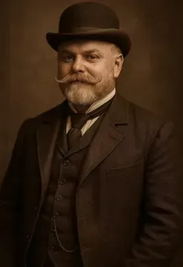 Portrait of a man in a bowler hat and dark suit with a mustache and beard, against a sepia background