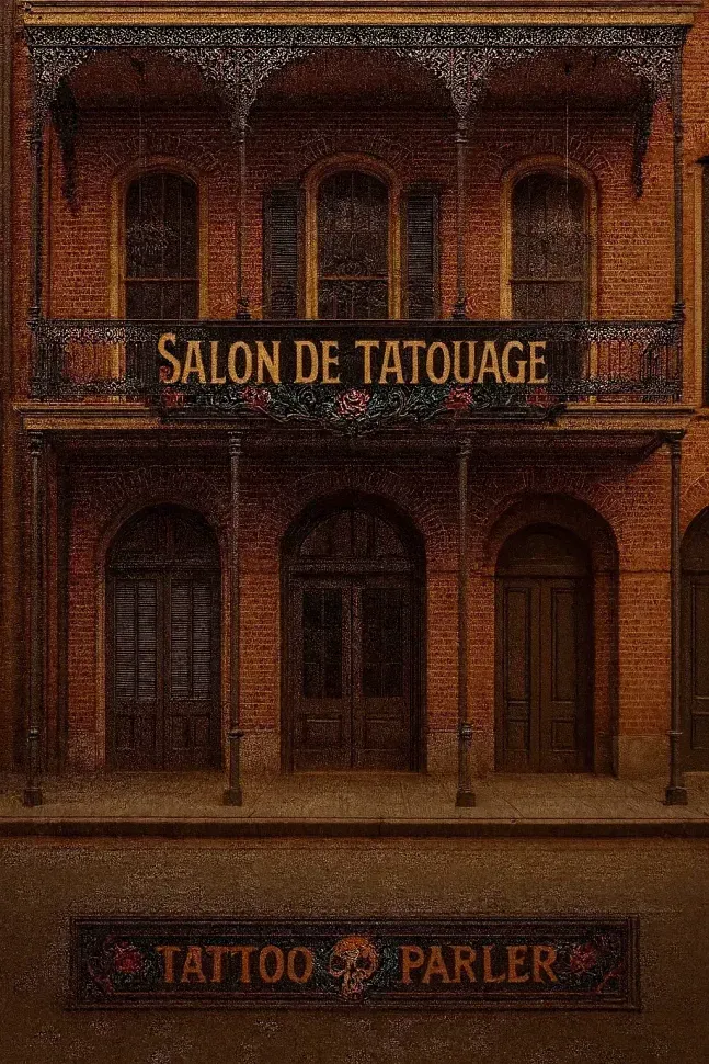 Front of a tattoo parlor with a vintage facade and signs reading “Salon de Tatouage” and “Tattoo Parlor”