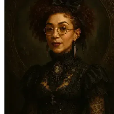 Portrait of a woman in a dark Victorian-style dress, wearing round glasses against a moody background