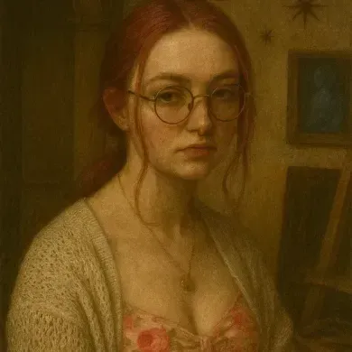 Portrait of a red-haired person with round glasses, wearing a cardigan and floral dress in a dim room.