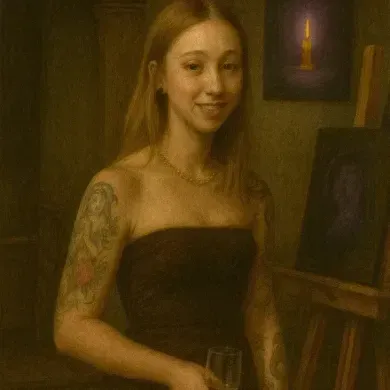 Portrait of a tattooed woman in a black dress standing beside an easel in a dim studio