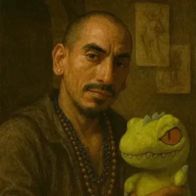 Portrait of a man with beaded necklaces beside a small green toy creature with one red eye