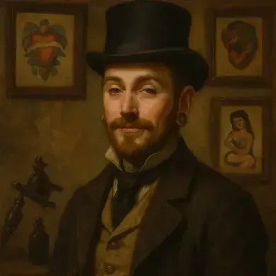 Portrait of a man in a top hat and suit, with framed artwork on a warm-toned wall behind him