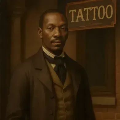 Man in a brown suit stands beneath a sign reading “TATTOO” in a dimly lit room.