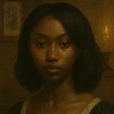 Portrait of a person with shoulder-length dark hair in a dim, warm-lit room