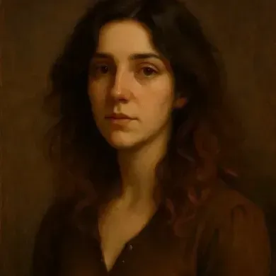 Portrait of a person with dark wavy hair in a brown shirt against a warm brown background