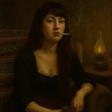 Dimly lit portrait of a person smoking a cigarette beside a glowing oil lamp, seated at a table.