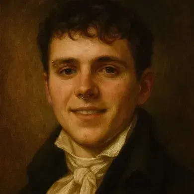 Portrait of a smiling person with dark curly hair, wearing a light scarf against a warm brown background