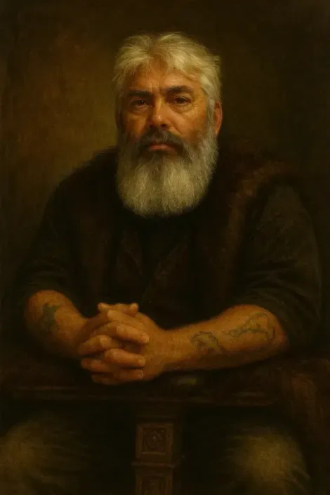 Portrait of a bearded man with folded hands, seated against a dark background