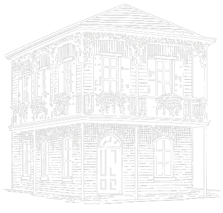 Pencil sketch of a two-story house with shutters, porch, and front door on a plain white background