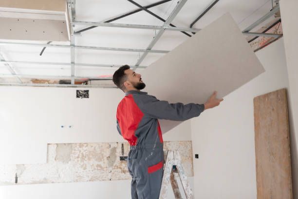 Man in gray jumpsuit lifting a large drywall sheet towards a ceiling with metal framing in a construction setting.