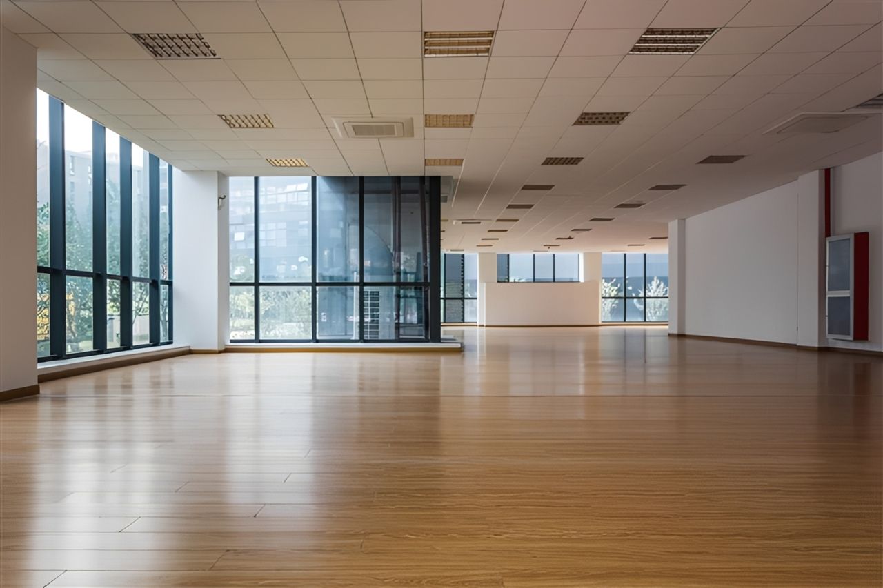 The empty interior of a modern corporate office with high ceilings. The empty interior of a modern corporate office with high ceilings.