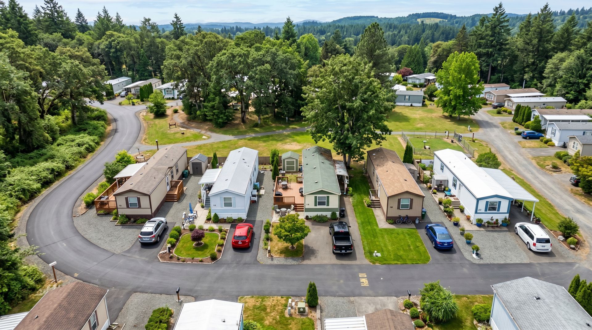 Aerial view of a mobile home park with rows of homes, parked cars, and trees along curving roads.