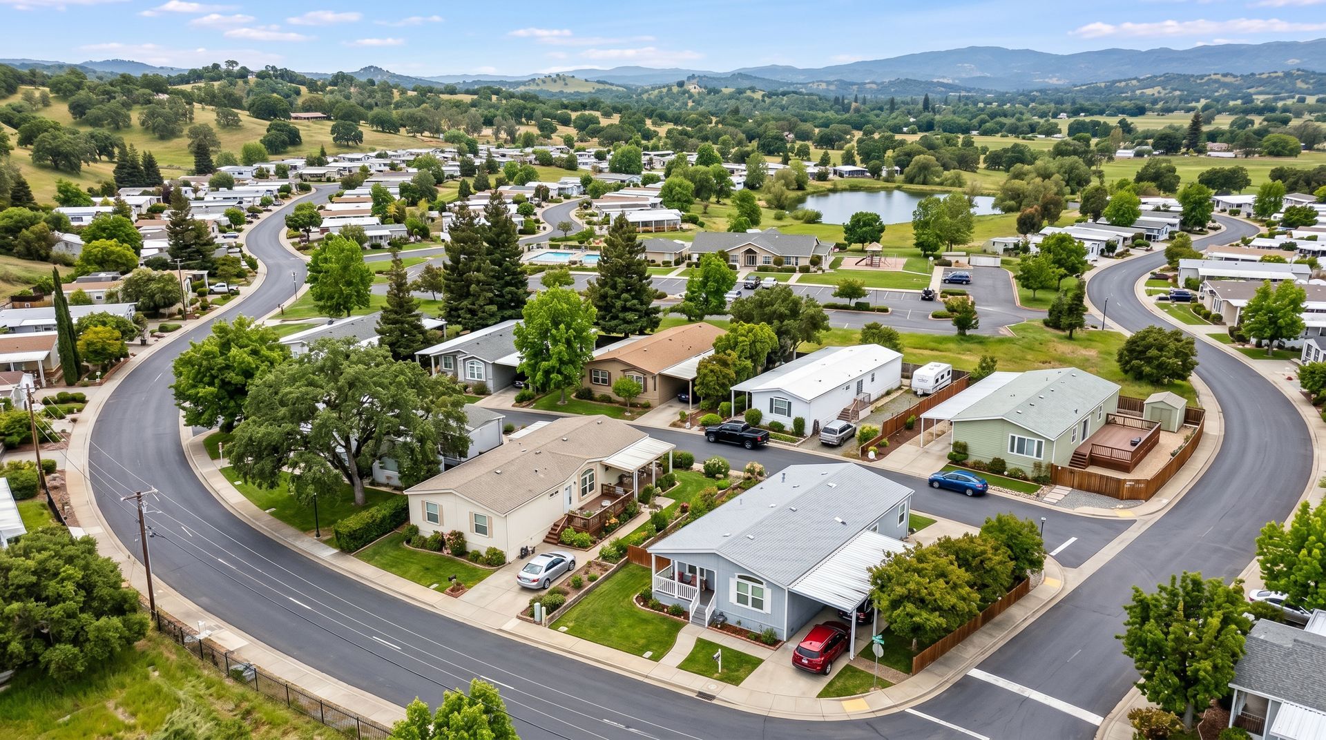 Aerial view of a suburban neighborhood with curving roads, houses, trees, and distant hills under clear skies