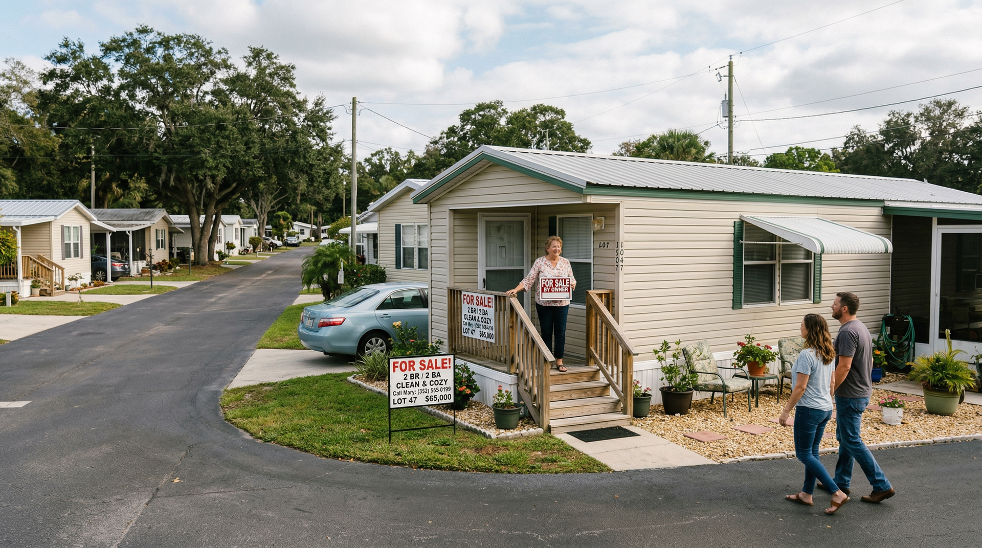 A person stands on the steps of a mobile home while a couple walks past on the street in a residential park setting.