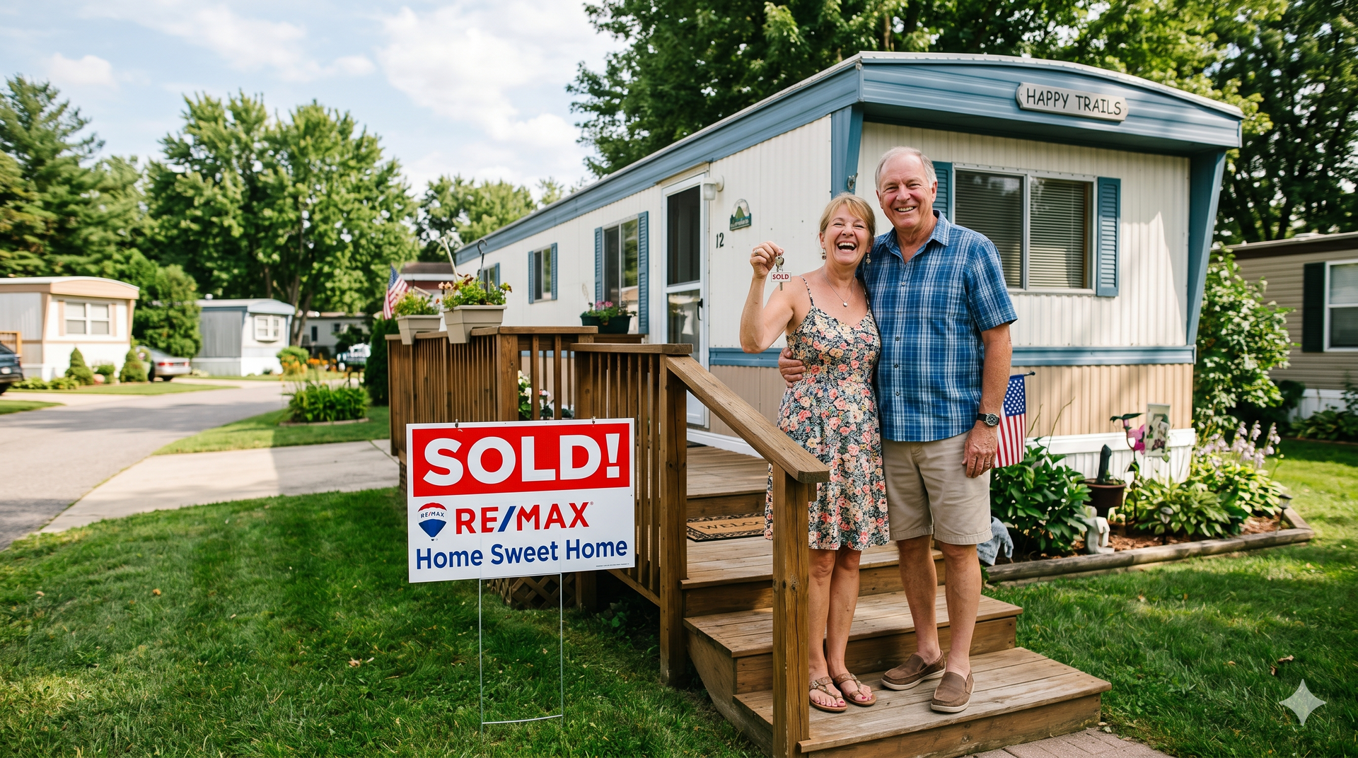 Happy couple stands on porch by a mobile home with a red โSOLD!โ RE/MAX sign in front.
