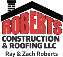 Logo for Roberts Roofing Construction. Red letters on black roof silhouette. Chimney at top. "ROOFING CONSTRUCTION" below.
