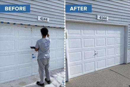 Before and after view of a residential garage door being cleaned and restored to a bright white finish.