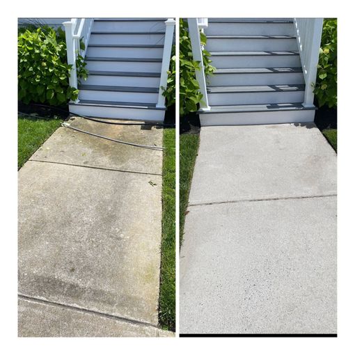 A side-by-side comparison of a concrete walkway before and after being pressure washed to remove dirt and grime.