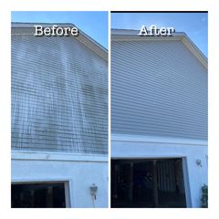 Before-and-after photos of a house exterior showing light blue siding cleaned of dirt streaks.