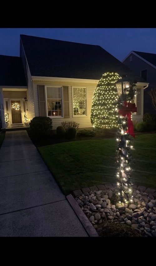 A house decorated for Christmas with lights on a bush, an illuminated lamppost, and a wreath on the front door at twilight.