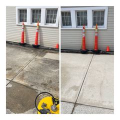 A split-screen comparison of a concrete surface before and after a thorough pressure washing, revealing a clean finish.