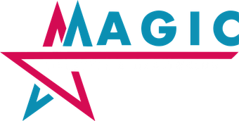 "MAGIC"-tekst met een sterrenontwerp, turquoise en roze kleurenschema.