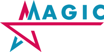 "MAGIC"-tekst met een sterrenontwerp, turquoise en roze kleurenschema.