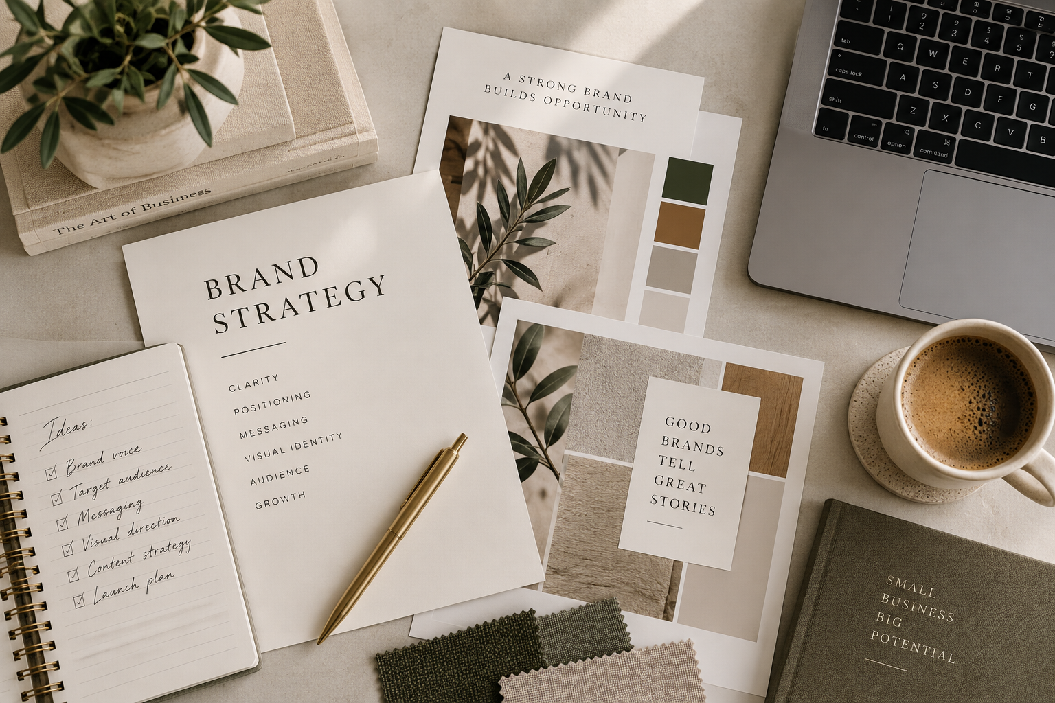 Flat-lay branding strategy mood board with notebooks, coffee, laptop, gold pen, and neutral beige accents