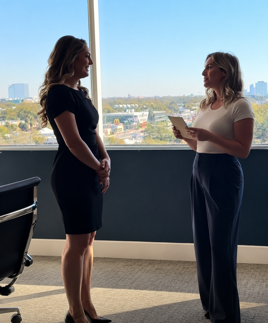 Two women talking in an office with large windows and a city view, one holding a phone.