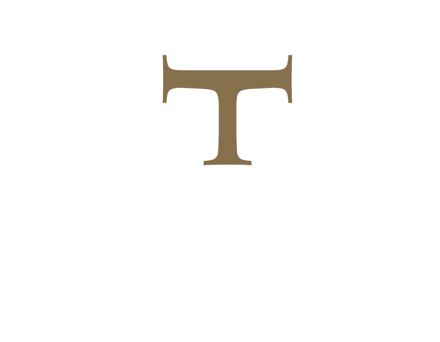 Stylized brown monogram letters T and C interlocked on a white background