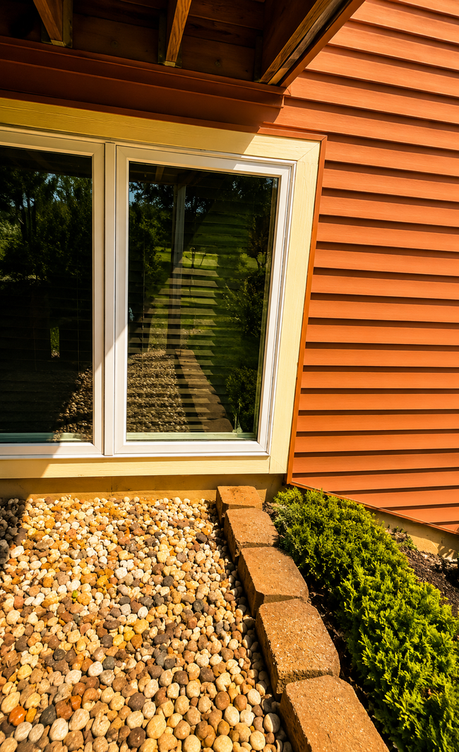 House exterior with white window trim, orange siding, stone walkway, and landscaped greenery