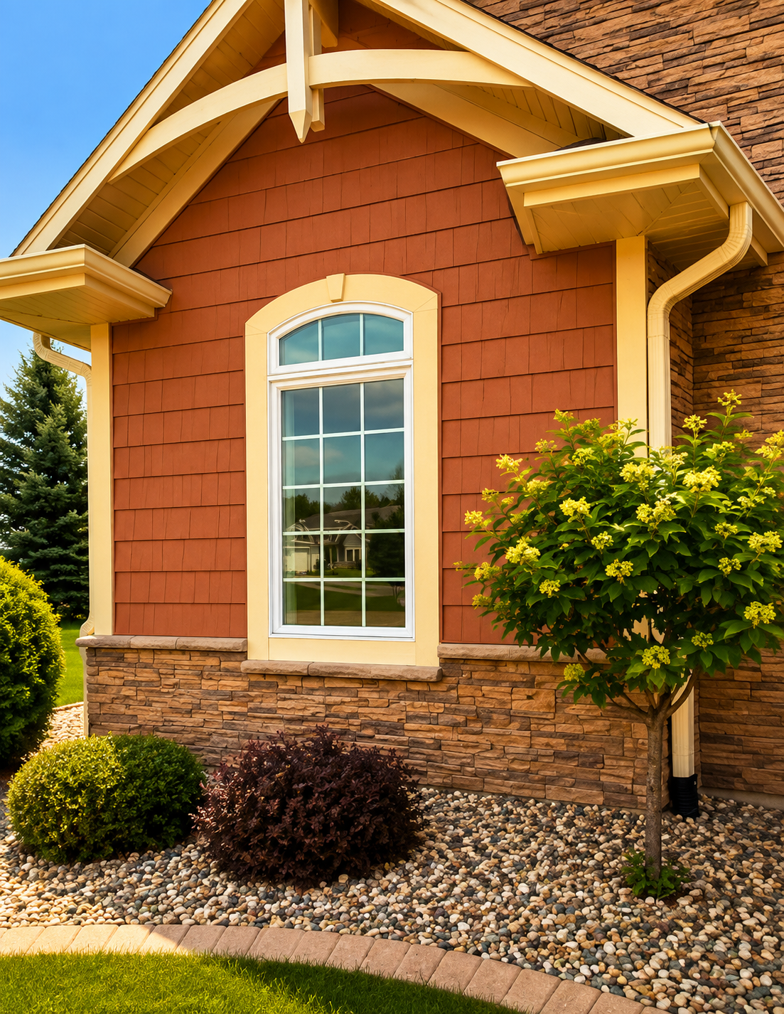 Red house exterior with arched window, stone base, and landscaped gravel yard