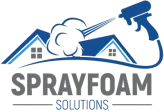 Spray Foam Solutions logo with house outline and spray gun in blue and gray