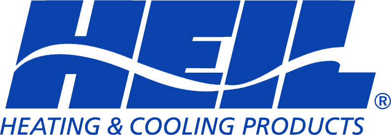 A blue and white logo for heating and cooling products