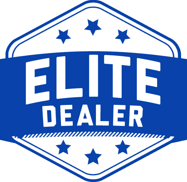 A blue and white logo for an elite dealer