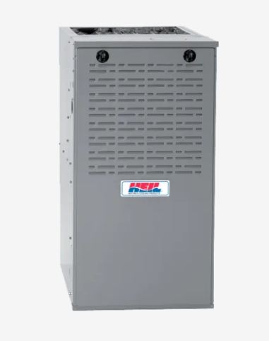 A gray air conditioner with a red white and blue logo on it