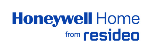 The honeywell home from resideo logo is blue and white on a white background.