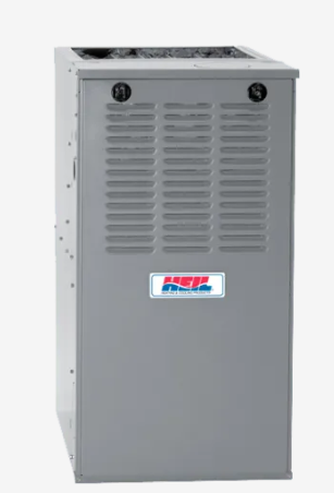 A hot water heater is sitting on a white surface.